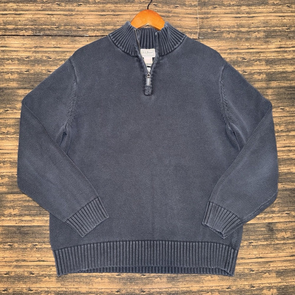L.L. Bean Sweater Mens L Reg Black Chunky Ribbed Knit Cotton 1/4 Zip Jumper